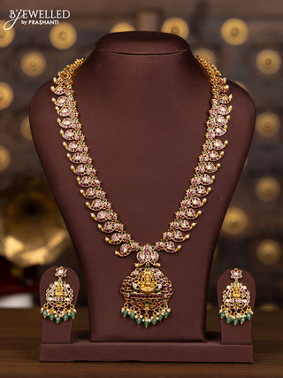Antique haaram with lakshmi pendant in multicolor kemp and green beads hanging