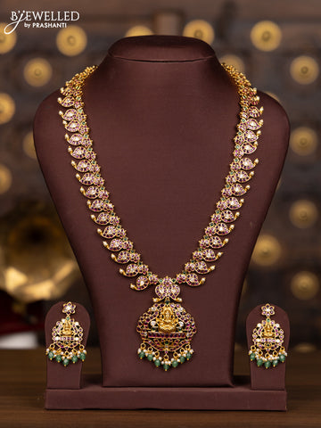 Antique haaram with lakshmi pendant in multicolor kemp and green beads hanging