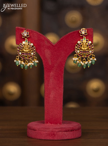 Antique haaram with lakshmi pendant in multicolor kemp and green beads hanging