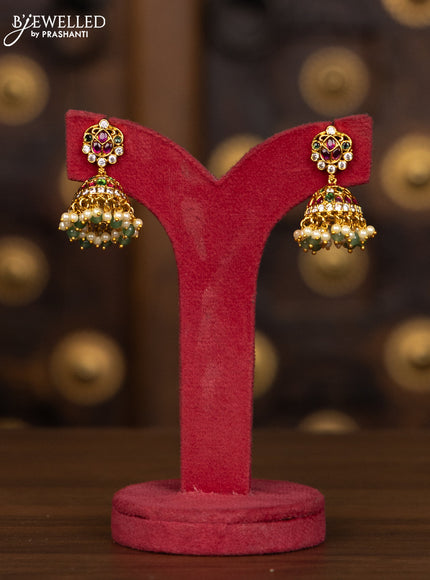 Antique haaram with leaf deisgn in multicolor kemp stones and pearl hanging