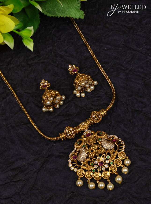 Antique attigai necklace lakshmi pendant with kemp & cz stones and pearl hangings