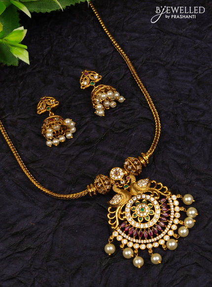 Antique attigai necklace double peacock design with kemp & cz stones and pearl hangings
