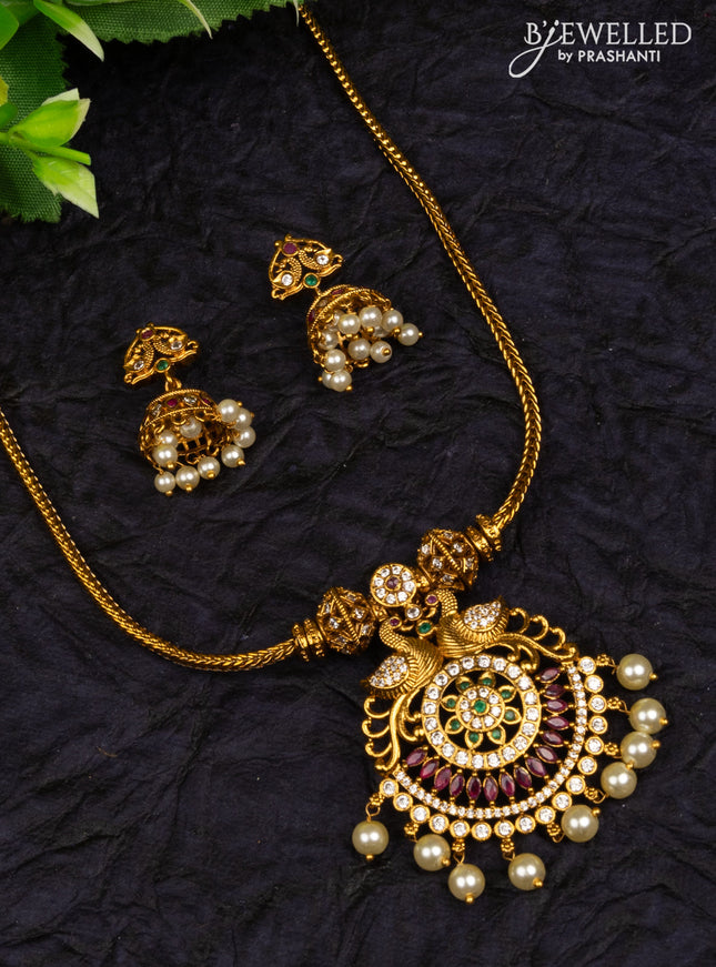 Antique attigai necklace double peacock design with kemp & cz stones and pearl hangings