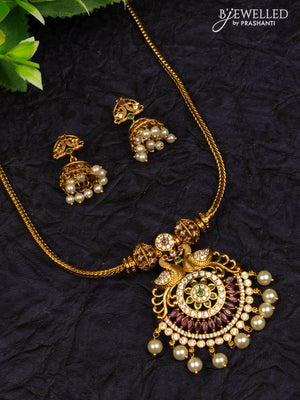 Antique attigai necklace double peacock design with kemp & cz stones and pearl hangings