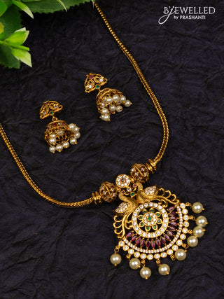 Antique attigai necklace double peacock design with kemp & cz stones and pearl hangings