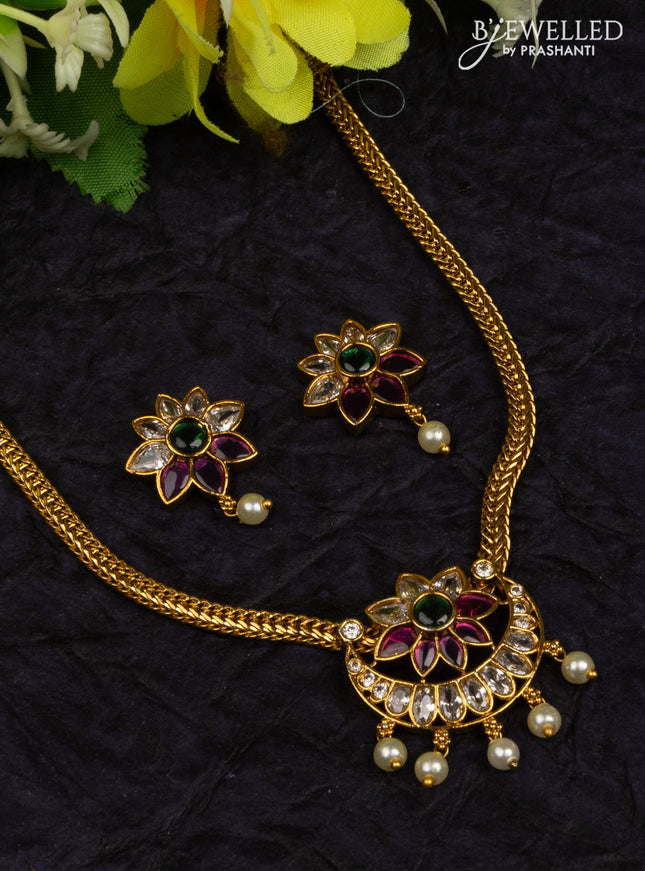 Antique attigai necklace chandbali pendant with kemp & kundan stones and pearl hangings