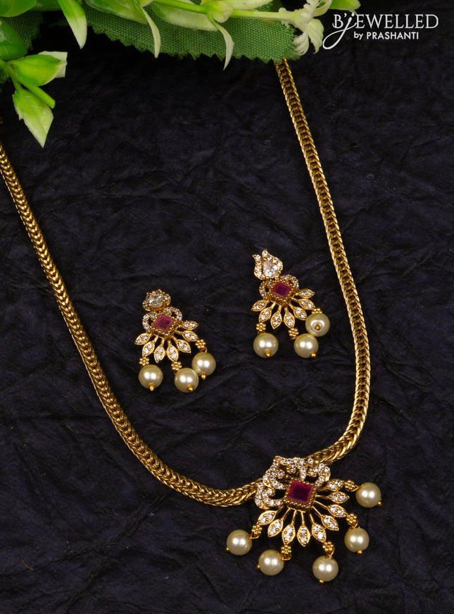 Antique attigai necklace with ruby & cz stones and pearl hangings