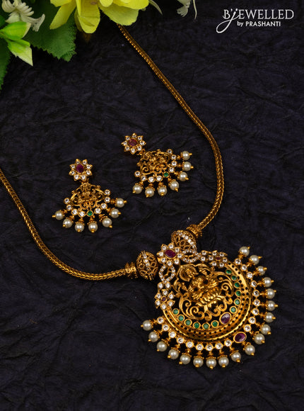 Antique attigai necklace lalshmi pendant with kemp & cz stones and pearls