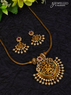 Antique attigai necklace lalshmi pendant with kemp & cz stones and pearls