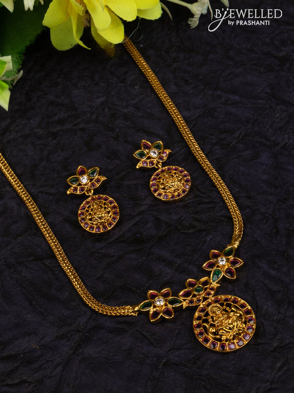 Antique attigai necklace lakshmi pendant with kemp and cz stones