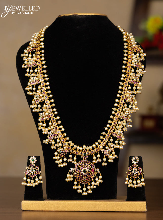 Antique guttapusalu haaram with kemp & cz stones and pearl hangings