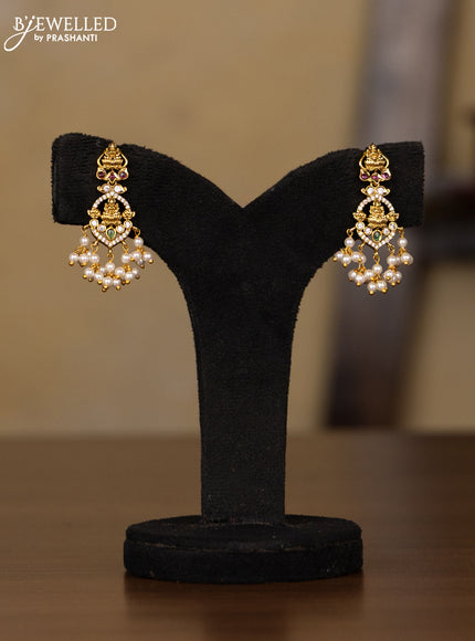Antique guttapusalu haaram lakshmi design with kemp & cz stones and pearl hangings