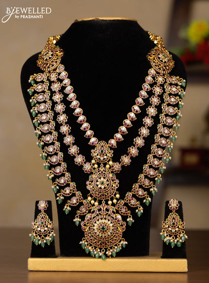 Antique triple layer guttapusalu haaram manga pattern with kemp & kundan stones and pearl & mint green beads hangings