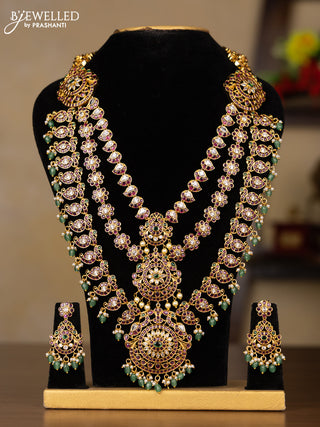 Antique triple layer guttapusalu haaram manga pattern with kemp & kundan stones and pearl & mint green beads hangings