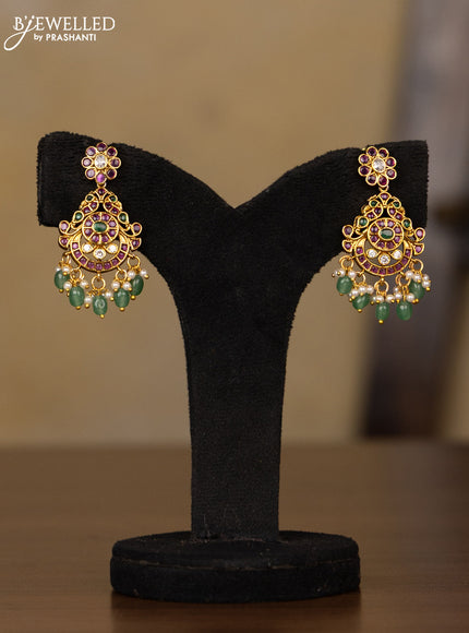 Antique triple layer guttapusalu haaram manga pattern with kemp & kundan stones and pearl & mint green beads hangings