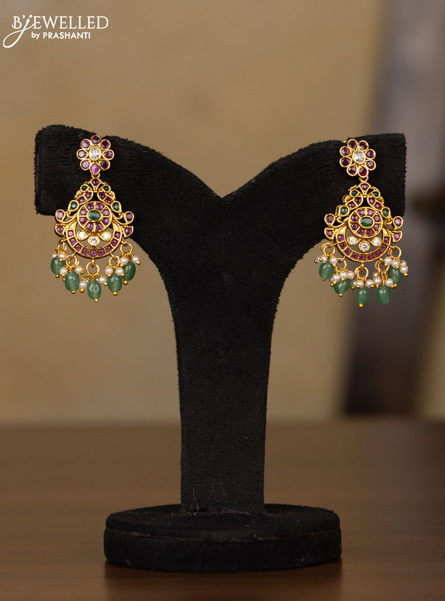 Antique triple layer guttapusalu haaram manga pattern with kemp & kundan stones and pearl & mint green beads hangings