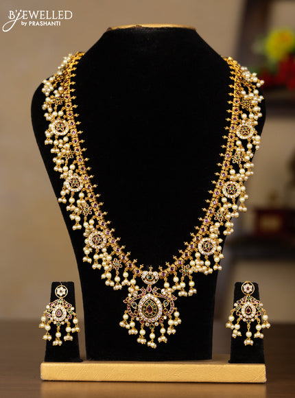 Antique guttapusalu haaram with kemp & cz stones and pearl hangings
