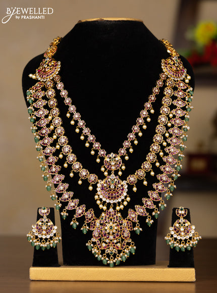 Antique triple layer guttapusalu haaram manga pattern with kemp & kundan stones and pearl & mint green beads hangings