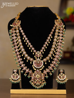 Antique triple layer guttapusalu haaram manga pattern with kemp & kundan stones and pearl & mint green beads hangings