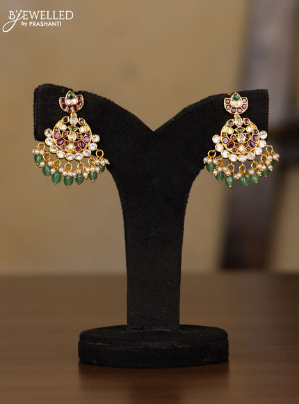 Antique triple layer guttapusalu haaram manga pattern with kemp & kundan stones and pearl & mint green beads hangings