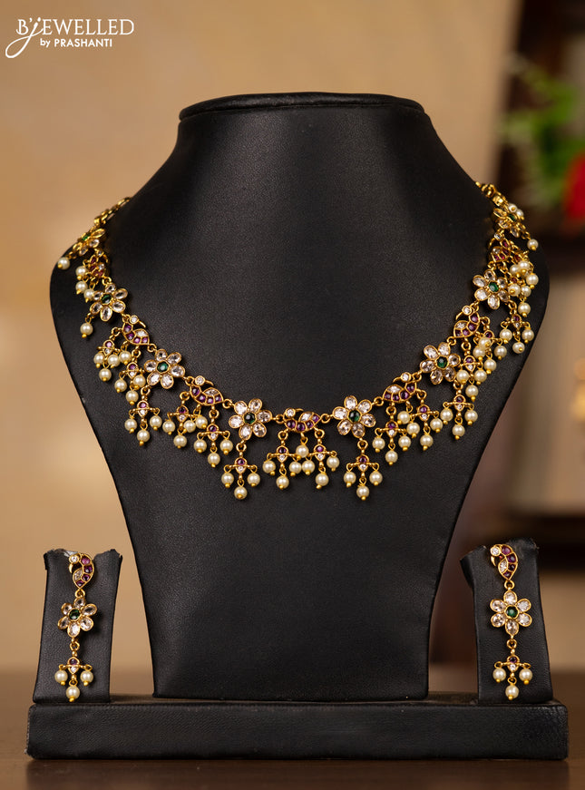 Antique guttapusalu necklace floral design with kemp & kundan stones and pearl hangings