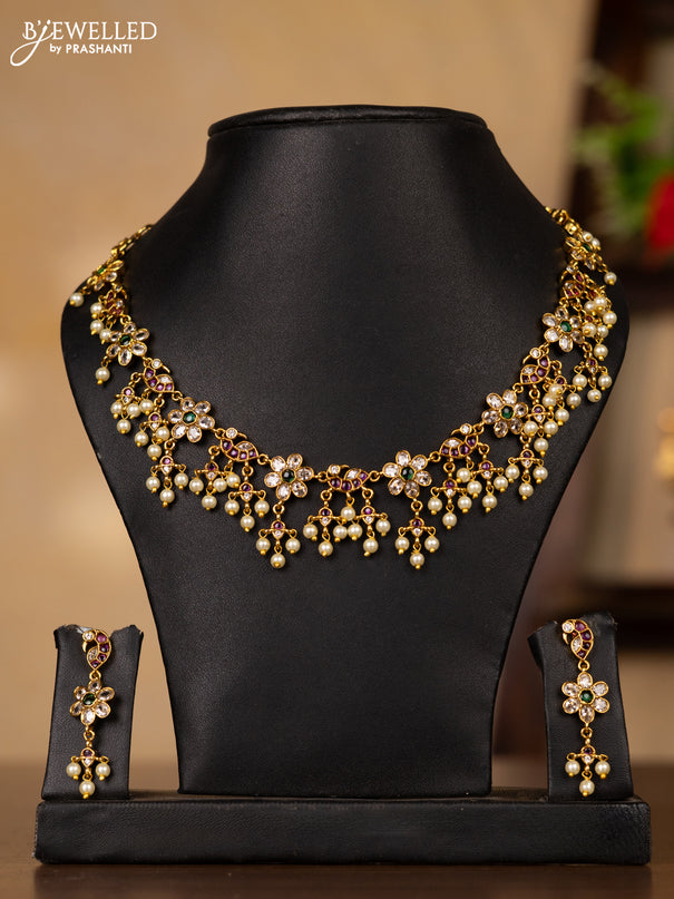 Antique guttapusalu necklace floral design with kemp & kundan stones and pearl hangings