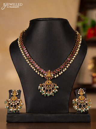 Antique guttapusalu necklace lakshmi design with kemp & cz stones and pearl & mint green beads hangings