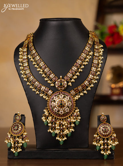 Antique guttapusalu double layer necklace with kemp & cz stones and pearl & mint green beads hangings