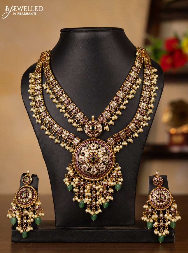 Antique guttapusalu double layer necklace with kemp & cz stones and pearl & mint green beads hangings