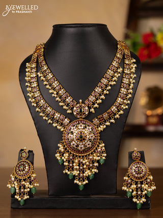 Antique guttapusalu double layer necklace with kemp & cz stones and pearl & mint green beads hangings
