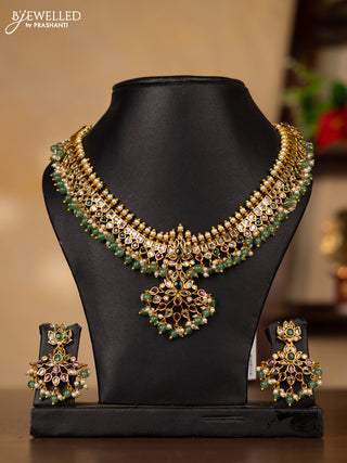 Antique guttapusalu necklace with kemp & kundan stones and pearl & mint green beads hangings