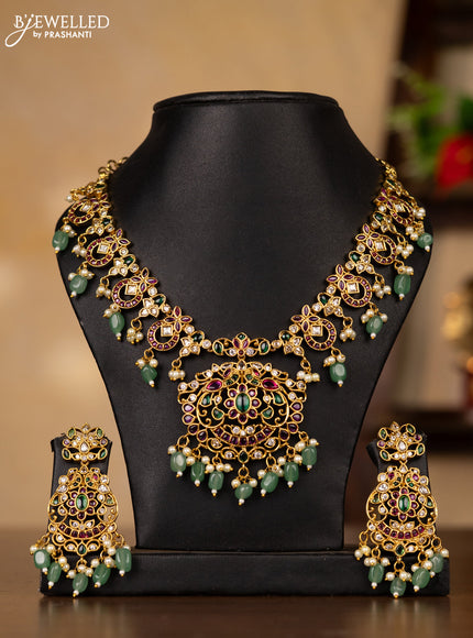 Antique guttapusalu necklace with kemp & cz stones and pearl & mint green beads hangings