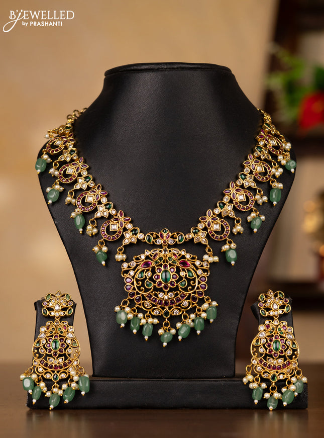 Antique guttapusalu necklace with kemp & cz stones and pearl & mint green beads hangings