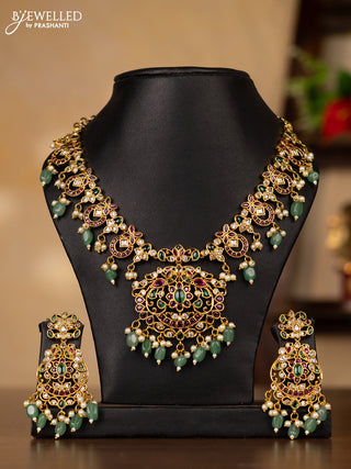 Antique guttapusalu necklace with kemp & cz stones and pearl & mint green beads hangings