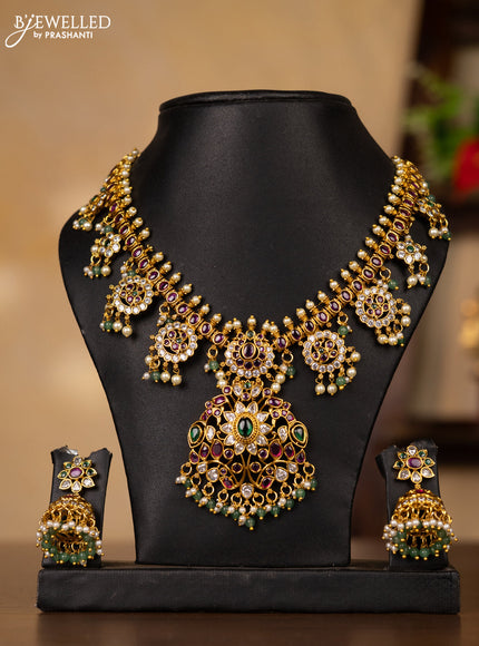 Antique guttapusalu necklace with kemp & cz stones and pearl & mint green beads hangings