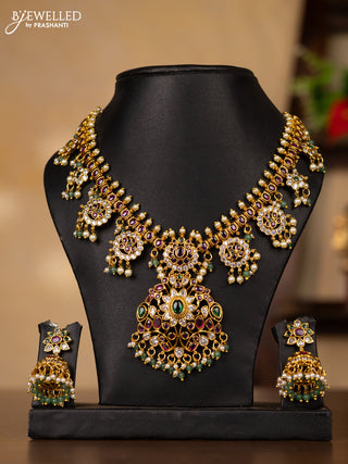 Antique guttapusalu necklace with kemp & cz stones and pearl & mint green beads hangings