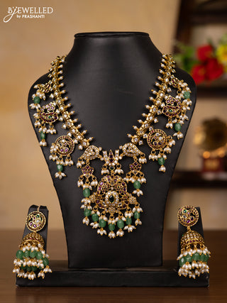 Antique guttapusalu necklace namam design with kemp & kundan stones and pearl & mint green beads hangings