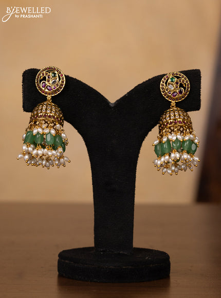 Antique guttapusalu necklace namam design with kemp & kundan stones and pearl & mint green beads hangings