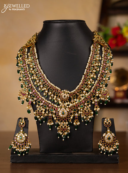 Antique guttapusalu double layer necklace with kemp & kundan stones and pearl & green beads hangings