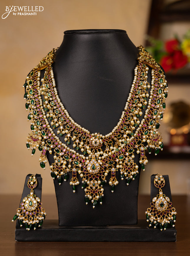 Antique guttapusalu double layer necklace with kemp & kundan stones and pearl & green beads hangings
