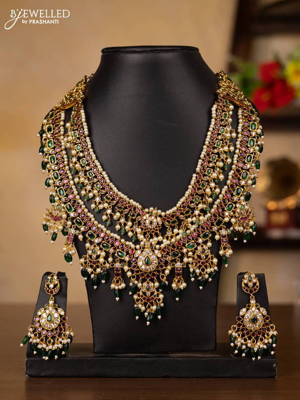 Antique guttapusalu double layer necklace with kemp & kundan stones and pearl & green beads hangings