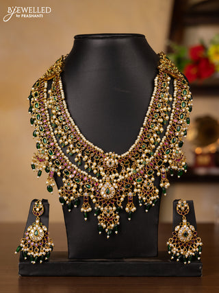 Antique guttapusalu double layer necklace with kemp & kundan stones and pearl & green beads hangings