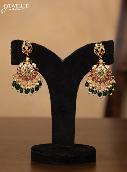 Antique guttapusalu double layer necklace with kemp & kundan stones and pearl & green beads hangings