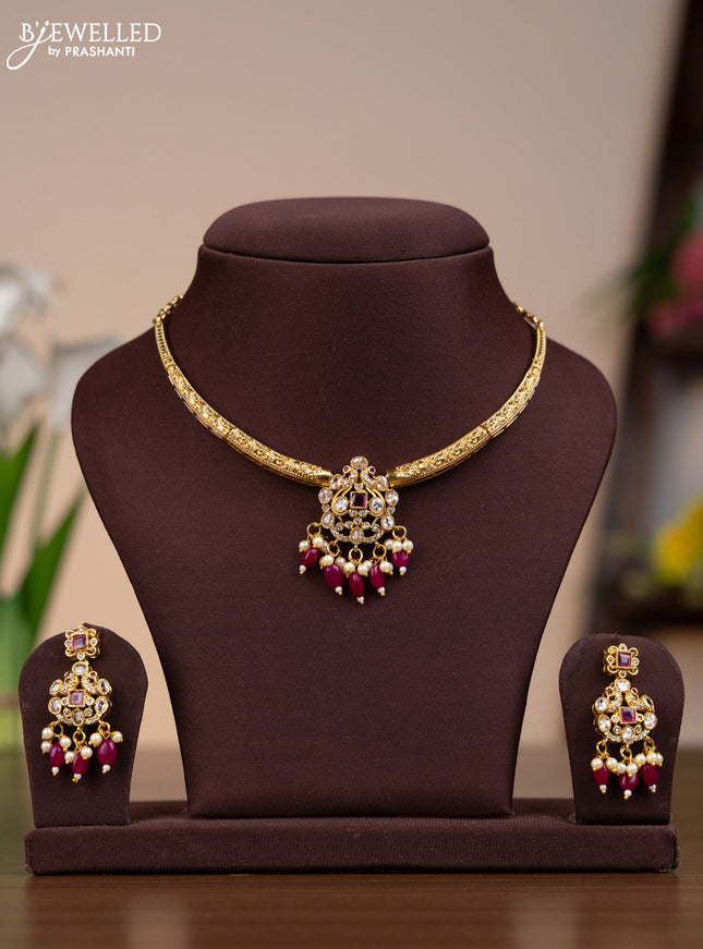 Antique necklace with emerald & cz stones and pearl & pink beads hangings