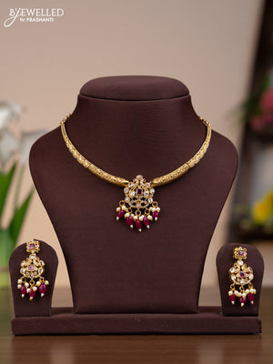 Antique necklace with emerald & cz stones and pearl & pink beads hangings