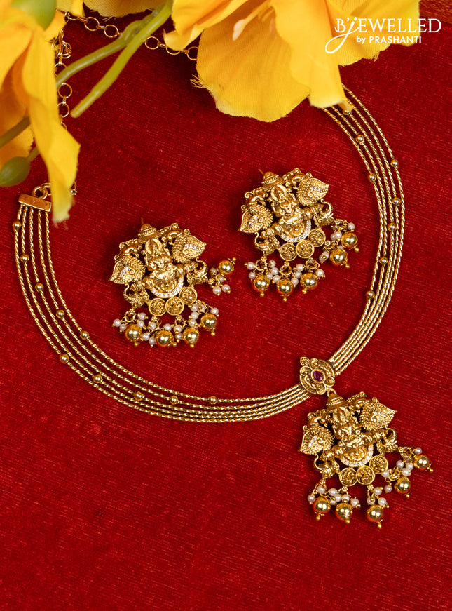 Ring type choker lakshmi pendant with ruby & cz stones and pearl & golden beads hangings