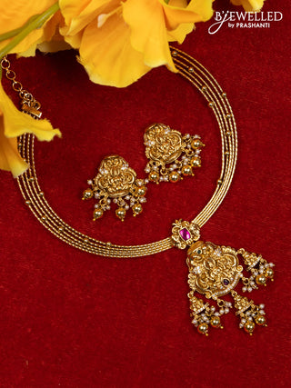 Ring type choker lakshmi pendant with kemp & cz stones and pearl & golden beads hangings