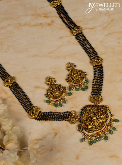 Mangalsutra long lakshmi pendant with kemp & cz stones and pearl & mint green beads hangings