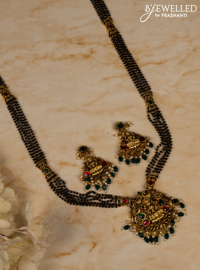 Mangalsutra long lakshmi pendant with kemp stones and pearl & green beads hangings