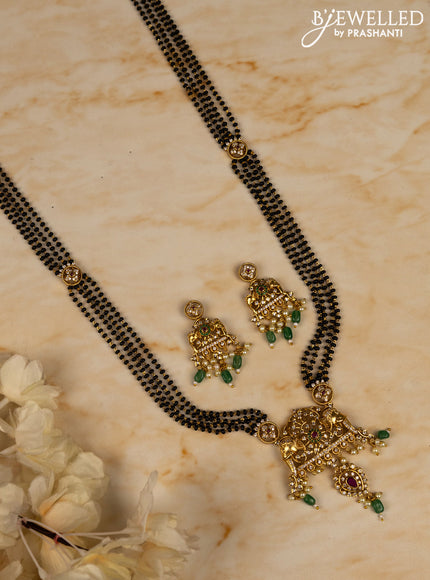 Mangalsutra long elephant design with kemp and cz stones in pearl & mint green beads hangings